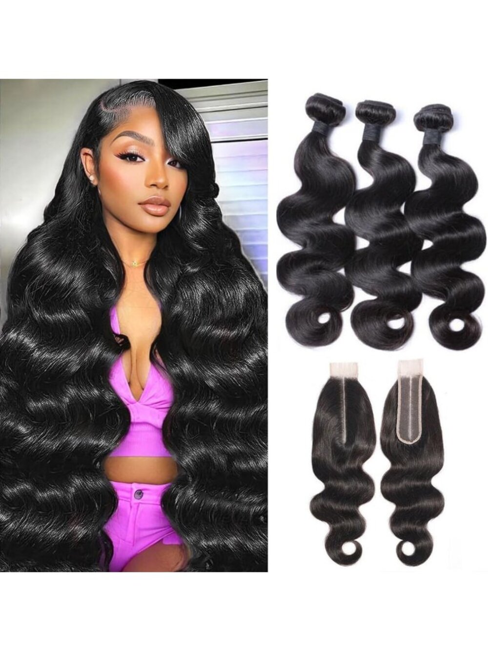 18-22 Inch Body Wave Human Hair Bundles with 2x6 Lace Closure - Natural Black